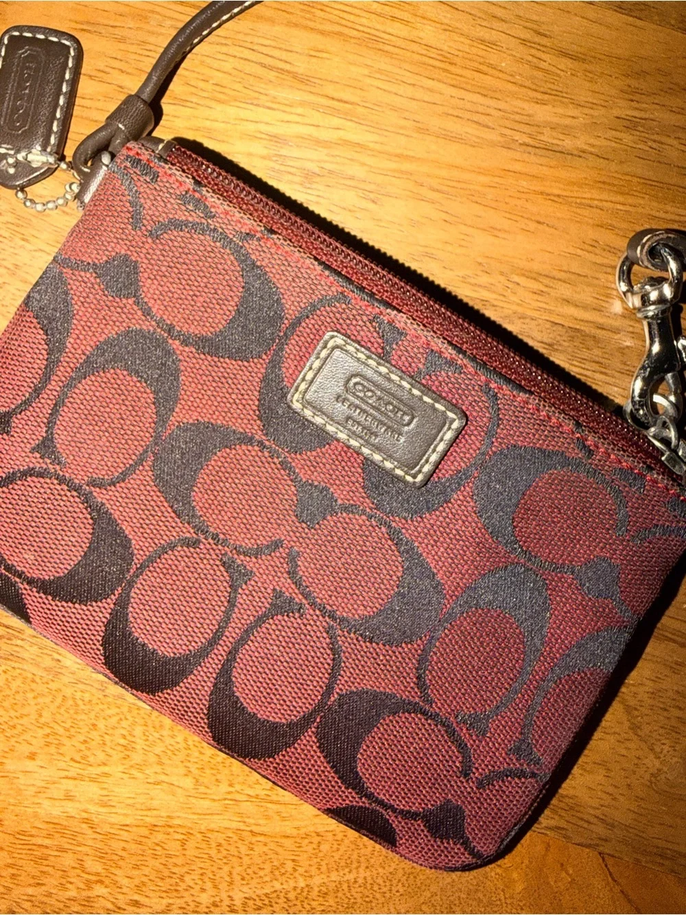 Coach Burgundy and Black Signature Wristlet Pouch